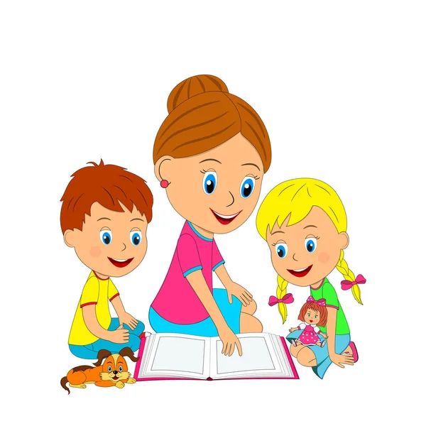 Boy, girl and woman are reading a book — Stock Vector