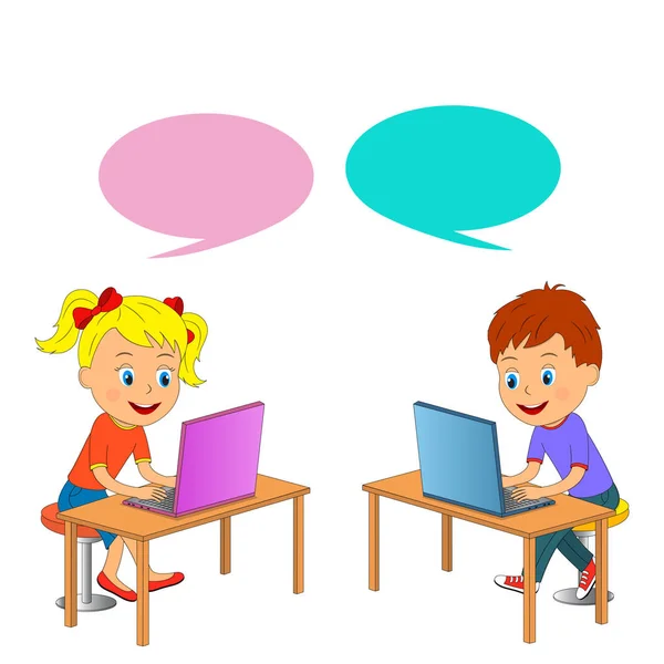 Ragazzo e ragazza sono sono seduti a tavola con computer portatile — Vettoriale Stock