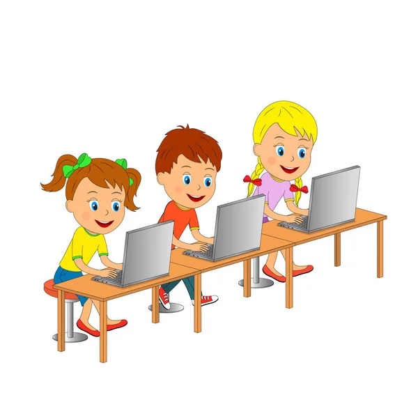 Menino e meninas estão sentados à mesa com laptop —  Vetores de Stock