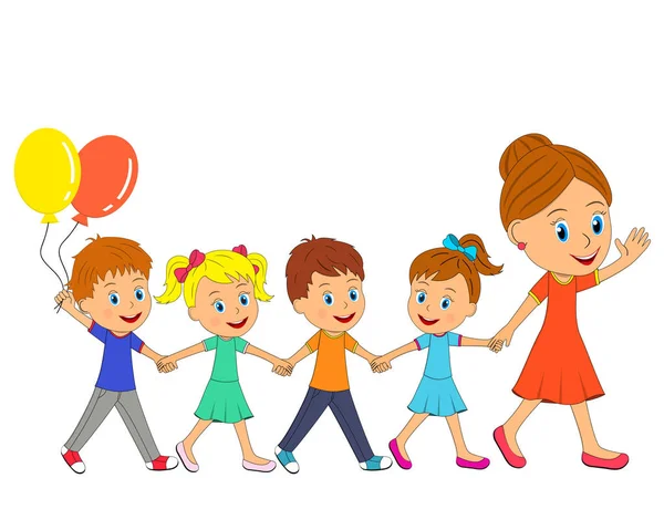 Woman and little boys and girls go and holding hands — Stock Vector