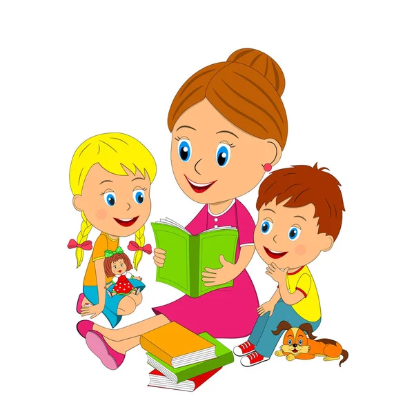 Mujer, niño y niña se sientan y leen un libro — Vector de stock