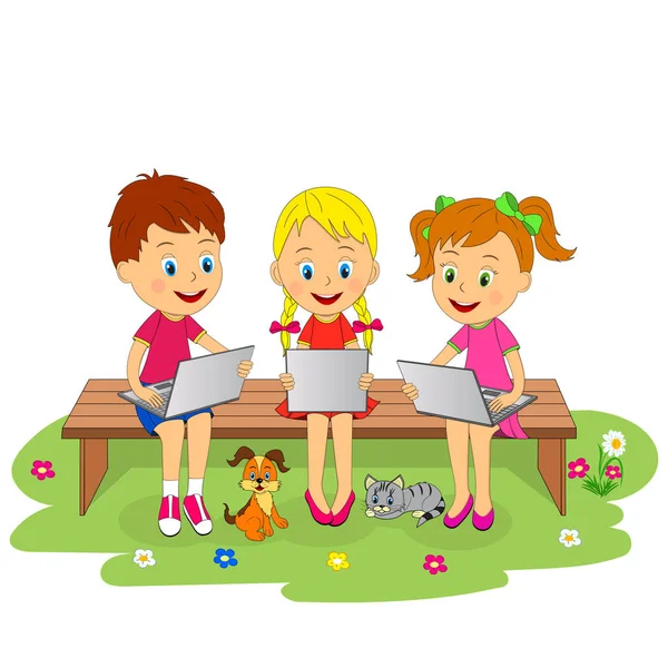 Мальчик и девочки сидят на скамейке с ноутбуком — стоковый вектор