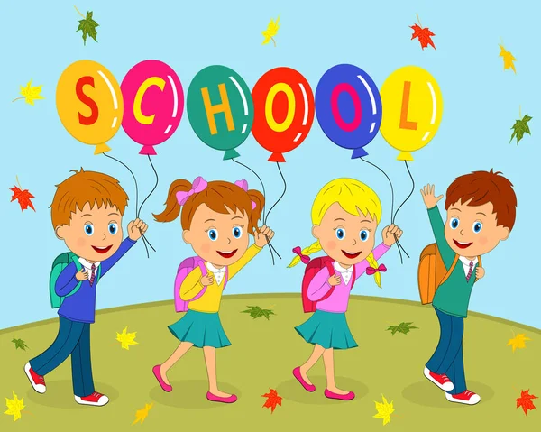 Jungen und Mädchen gehen mit Luftballons in die Schule — Stockvektor