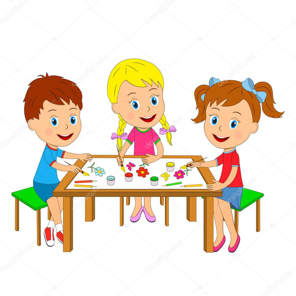 boy and girls draw at the table