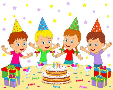 Doğum günü partisi, kızlar ve oğlanlar masaya otur 