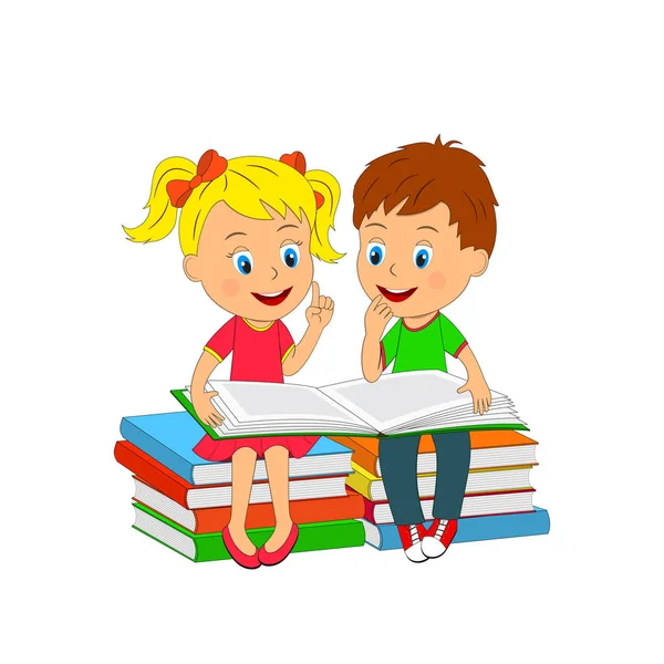 男孩和女孩正在阅读一本书 — 图库矢量图片