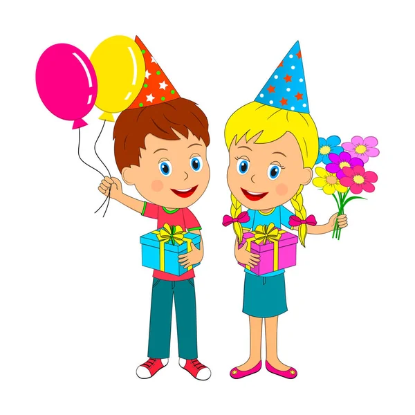 Birthday,boy and girl stand with gifts — Stock Vector