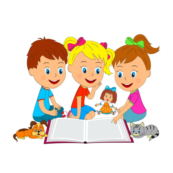 Menino e meninas estão lendo um livro — Vetor de Stock