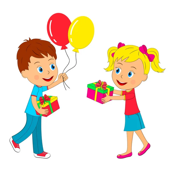 Junge und Mädchen mit Geschenk und Luftballons — Stockvektor