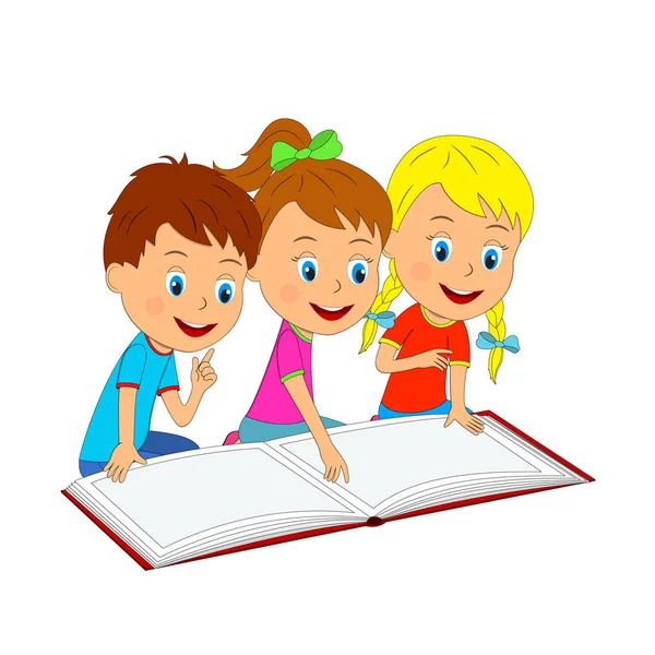 Boy and girls are reading a book — Stock Vector