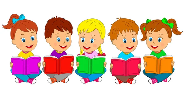 Boys and girls sit on the floor with book — Stock Vector