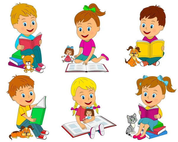Niños y niñas leyendo una colección de libros — Archivo Imágenes Vectoriales