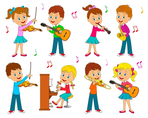 Niños y niñas tocando música — Vector de stock