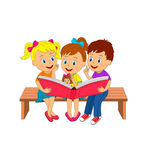 Boy and girls are reading a book — Stock Vector