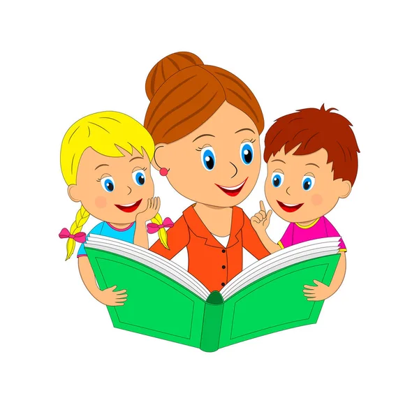 Boy.girl and woman are reading book — Stock Vector