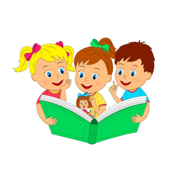 Niño y niñas están leyendo un libro — Vector de stock