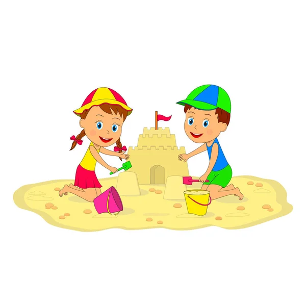 Chlapec a dívka stavět hrad z písku — Stockový vektor