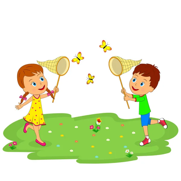 Αγόρι και κορίτσι πιάσει πεταλούδες — Διανυσματικό Αρχείο