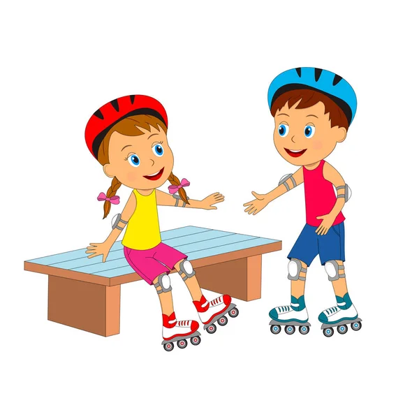 子供たち、少年と少女とローラー スケート — ストックベクタ