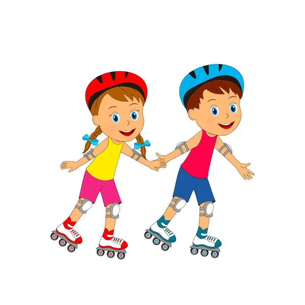 Menino e menina andando em patins — Vetor de Stock