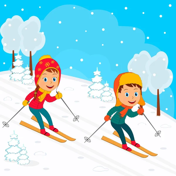 Kids  skiing down the hill — Stock Vector