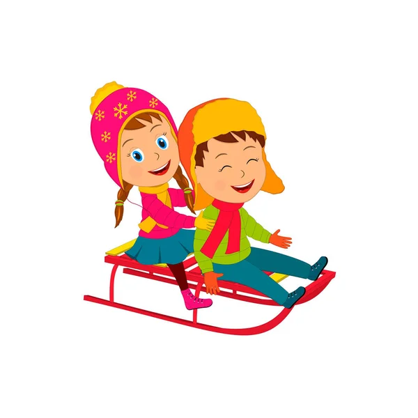 Kids on the sled on the white background — Stock Vector