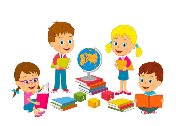 Boys and girls with books — Stock Vector