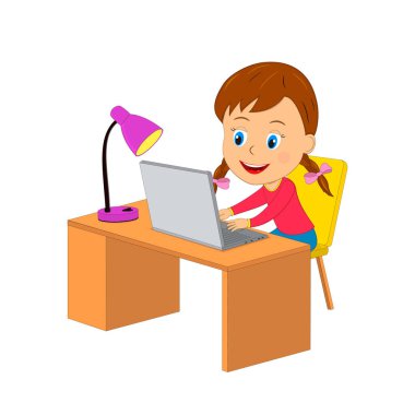 Çizgi film kızı bilgisayar, illüstrasyon, vektör kullanıyor