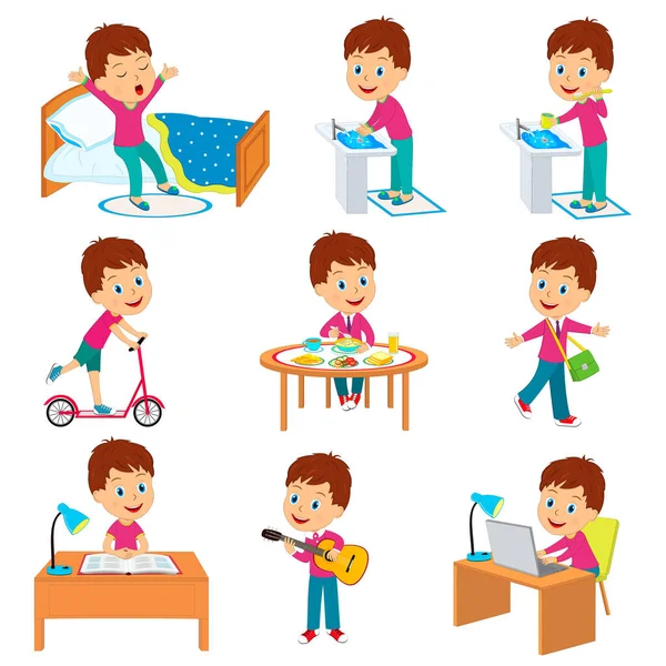 Cartoon Little Boy Daily Routine Illustration Vector — Stock Vector