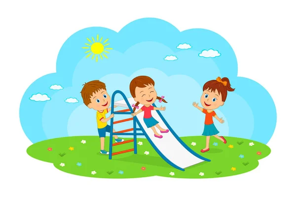 Little Cartoon Kids Play Slide Illusyration Vector — стоковый вектор