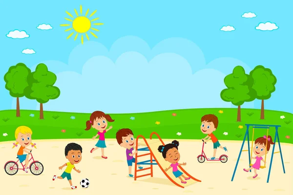 Kinder Jungen Und Mädchen Spielen Auf Dem Spielplatz Illustration Vektor — Stockvektor