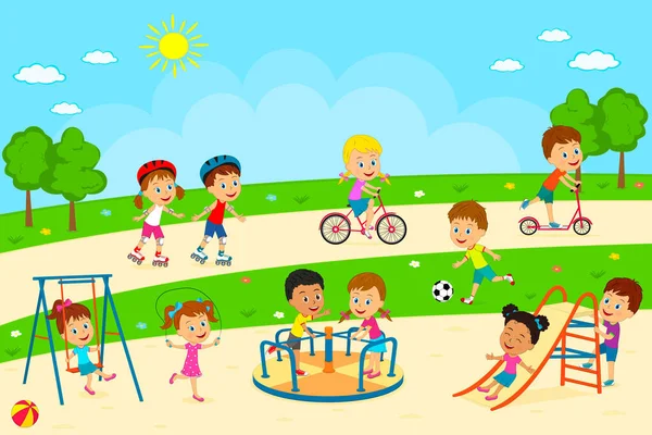 Παιδιά Αγόρια Και Κορίτσια Παίζουν Στην Παιδική Χαρά Εικονογράφηση Διάνυσμα — Διανυσματικό Αρχείο