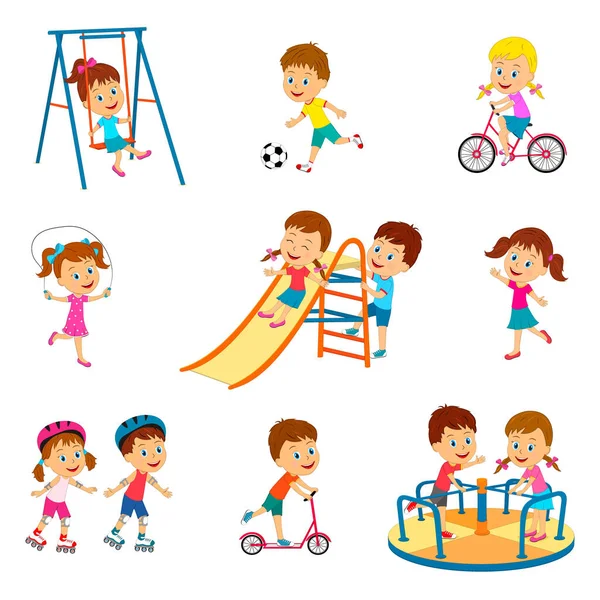 Kinder Jungen Und Mädchen Spielen Auf Dem Spielplatz Sammlung Illustration — Stockvektor