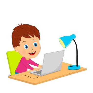 Çizgi filmci çocuk bilgisayar, illüstrasyon, vektör kullanıyor.