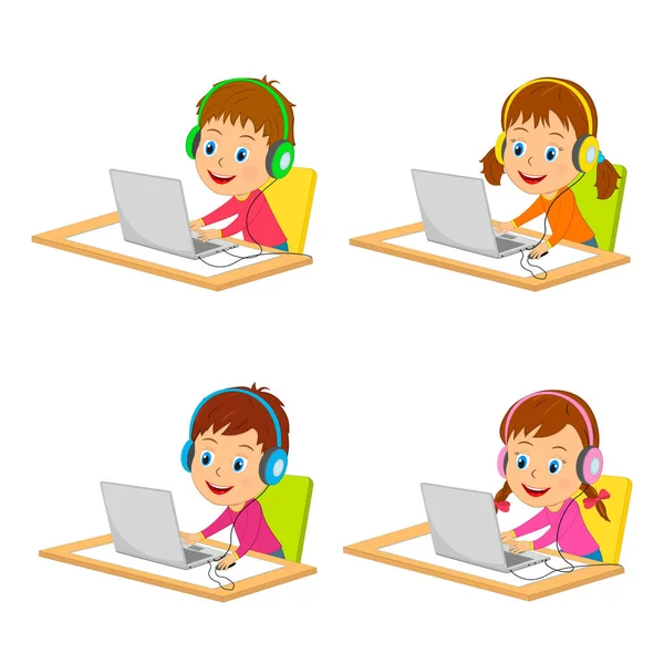 Crianças Menino Menina Usando Coleção Computador Ilustração Vetor — Vetor de Stock