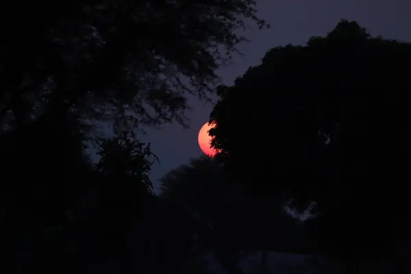 Por do sol na noite com o sol grande em jaipur em Índia — Fotografia de Stock