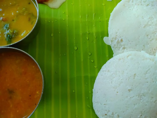 South Indian Food Dish Idly Side Dish Banana Leaf — Stock Photo, Image