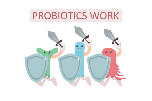 Group of probiotics with shields and swords. Digestion protection concept. Cute characters on a white background. Microscopic bacteria. Vector illustration in freehand drawn style
