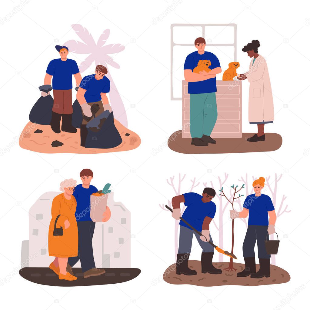 A set of volunteer help situations. Volunteers at work. Helping people, animals and nature. Charity donation. Vector illustration in freehand drawn style