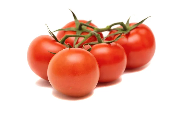 Fem Röda Tomater Kvist Isolerad Vit Bakgrund — Stockfoto