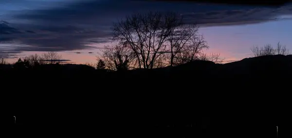 在瑞士，冬季，具有戏剧性的落日，粉色的蓝云笼罩着参天大树和山丘。 未经加工和原件. — 图库照片