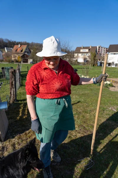Portrait de femme jardinier avec chemise rouge, pantalon bleu et chien au premier plan . — Photo