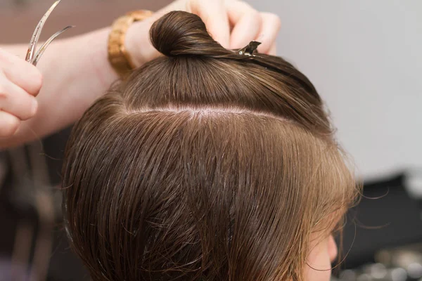 Kapper van vrouwelijke klant natte haren kammen — Stockfoto