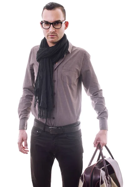 Fashion man with bag and scarf — Stock Photo, Image