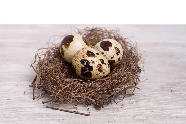 Kwarteleitjes Het Nest Oude Rustieke Houten Achtergrond — Stockfoto