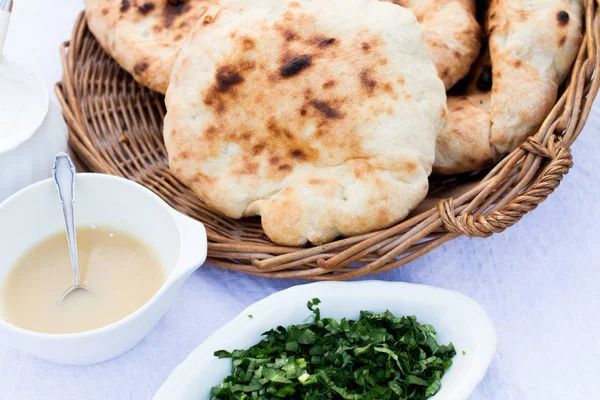 Bread Scone Traditional Hungarian Food Sour Green Onions — Stock Photo, Image