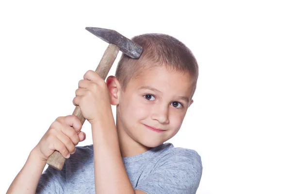 Child take a hammer and broke his head — Stock Photo, Image