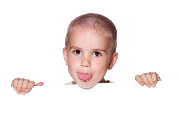 Child with white blank banner in hand — Stock Photo, Image