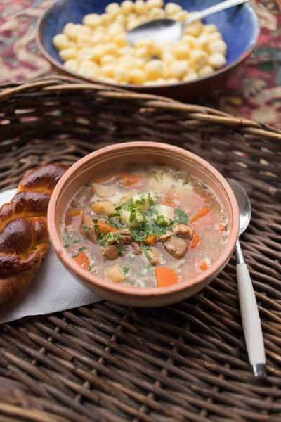 Hungarian Traditional Food Goulash Soup Fresh Scone — Stock Photo, Image