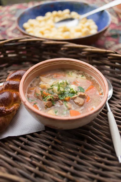 Hungarian Traditional Food Goulash Soup Fresh Scone — Stock Photo, Image